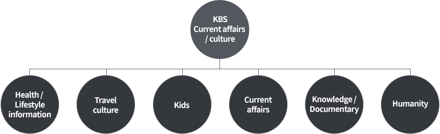KBS Current affairs/culture six subcomponents Health/Lifestyle information, Travel culture, Kids, Current affairs, Knowledge/Documentary, Humanity